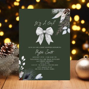 Invitation Bow Botanical Winter Girl Baby shower vert