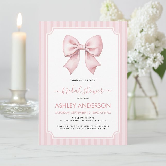 Invitation Bow Bridal Shower Pink Stripes Pattern Coquette (Créateur téléchargé)