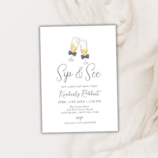 Invitation Bow Champagne Verre Sip & Voir Baby shower (Bow Champagne Glass Sip & See Baby Shower Invitation)