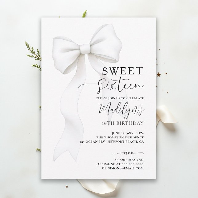 Invitation Bow Chic Noir Blanc Élégante Calligraphie Sweet 16 (sweet sixteen birthday party invitation bow chic fashion simple classy black and white script)