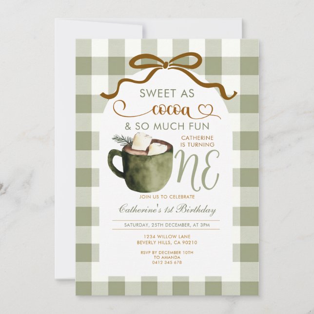 Invitation Bow Chocolat Chaud 1er anniversaire Gingham Vert S (Devant)