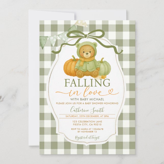 Invitation Bow Chute d'amour Ours Citrouille Baby shower En v (Devant)