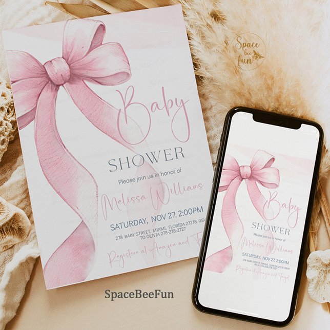 Invitation Bow Coquette Baby shower fille (Bow Coquette Girl Baby Shower Invitation, baby shower invitation, girl baby shower, elegant baby sho)