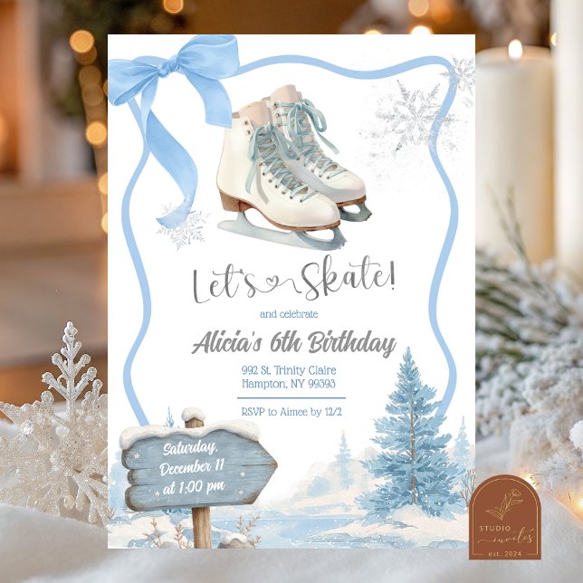 Invitation Bow Coquette Blue Girl Let's Skate Birthday (Créateur téléchargé)