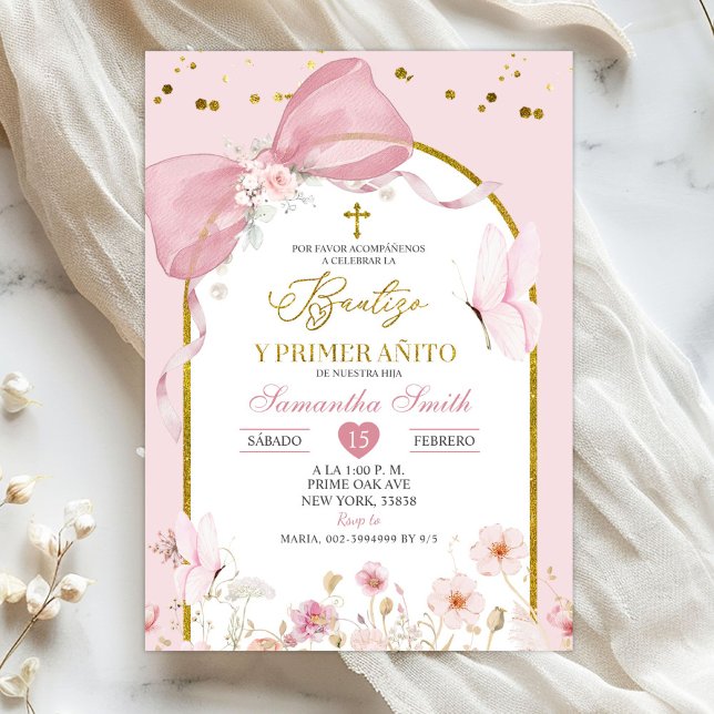 Invitation Bow Coquette Blush Pink Bautizo Y Primer Anito (Créateur téléchargé)
