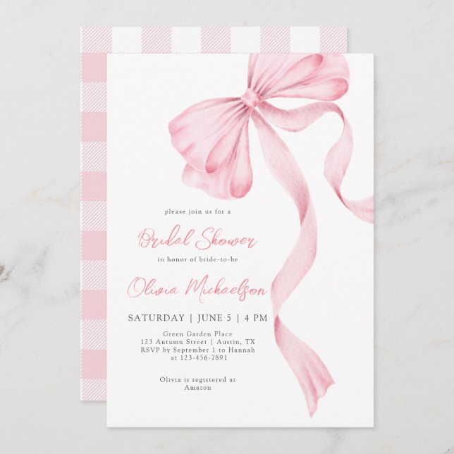Invitation Bow Coquette Blush Plaid Pink Ribbon Fête des mari (Devant / Derrière)