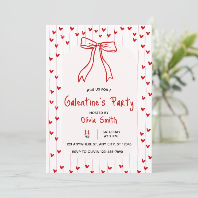 Invitation bow coquette galentines party invite , red hearts  (Debout devant)