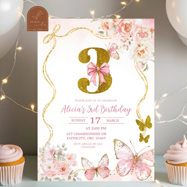 Invitation Bow Coquette Pink Butterfly Third Birthday (Créateur téléchargé)