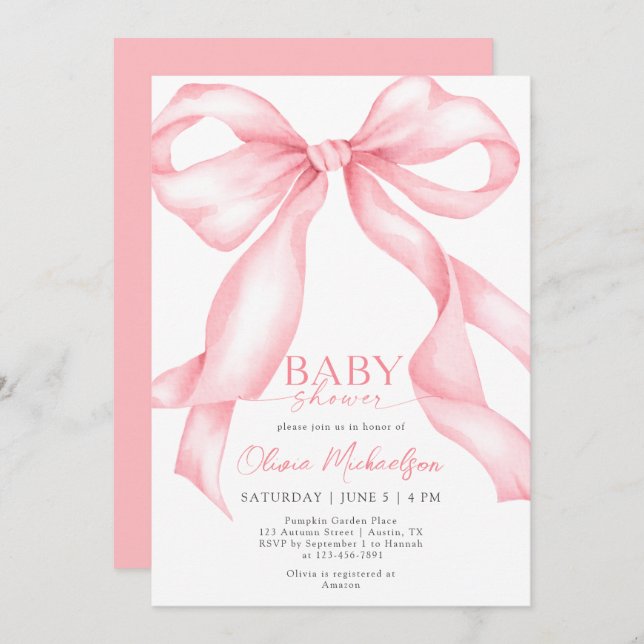 Invitation Bow Coquette Pink Ribbon Élégant Baby shower fille (Devant / Derrière)
