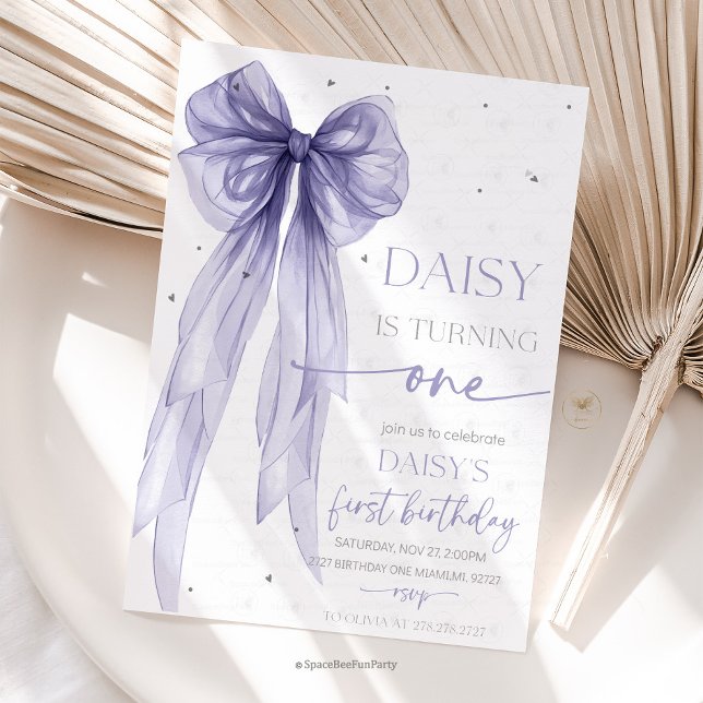 Invitation Bow Coquette Purple 1st Birthday  (Bow Coquette Birthday Invitation )