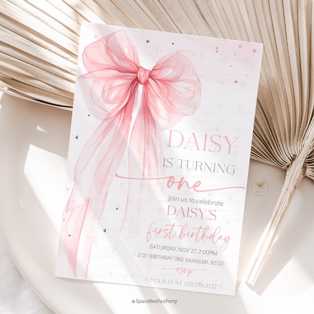 Invitation Bow Coquette Rose 1er Anniversaire  (Bow Coquette Birthday Invitation )