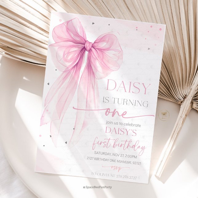 Invitation Bow Coquette Rose 1er Anniversaire  (Bow Coquette Birthday,Elegant coquette,ribbon pamper party,Bow Any Age Party, Party decoration bow,)