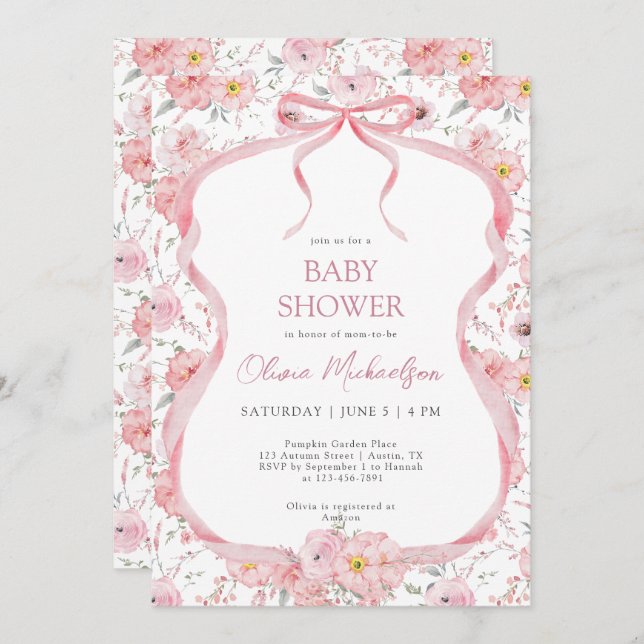 Invitation Bow Coquette rose floral ruban Baby shower fille (Devant / Derrière)