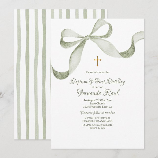 Invitation Bow Coquette Sage Green Baptême Élégant (Devant / Derrière)
