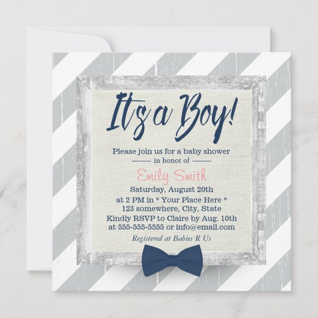 Invitation Bow Cravate bleu marine Baby shower Gris Gris  #2 (Devant)