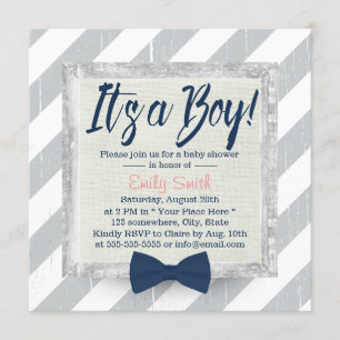 Invitation Bow Cravate Bleu Marine Baby shower Gris rayures