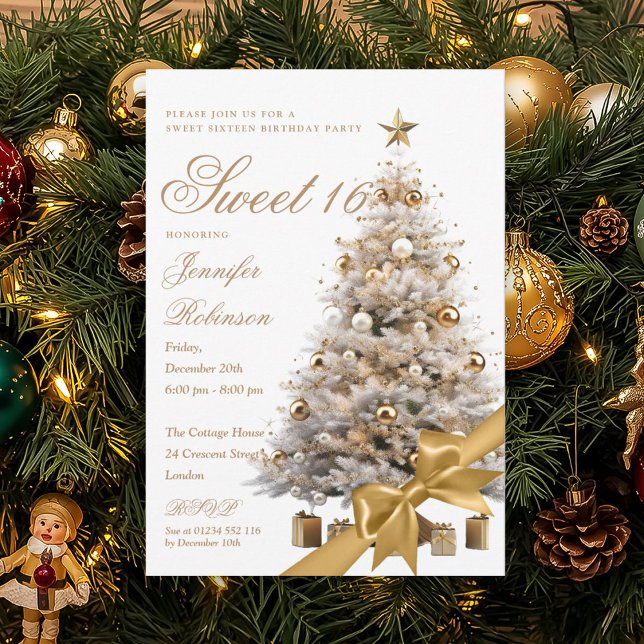 Invitation Bow de Noël hivernal doré pour une fête d'annivers (Gold Winter Wonderland Bow Sweet 16 Birthday Party Invitation)