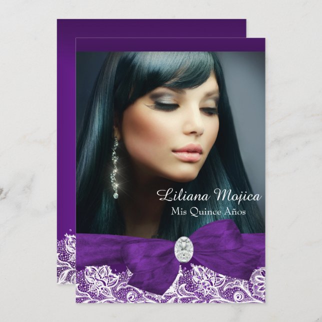 Invitation Bow Diamond Violet & Jolie Quinceanera dentelle (Devant / Derrière)