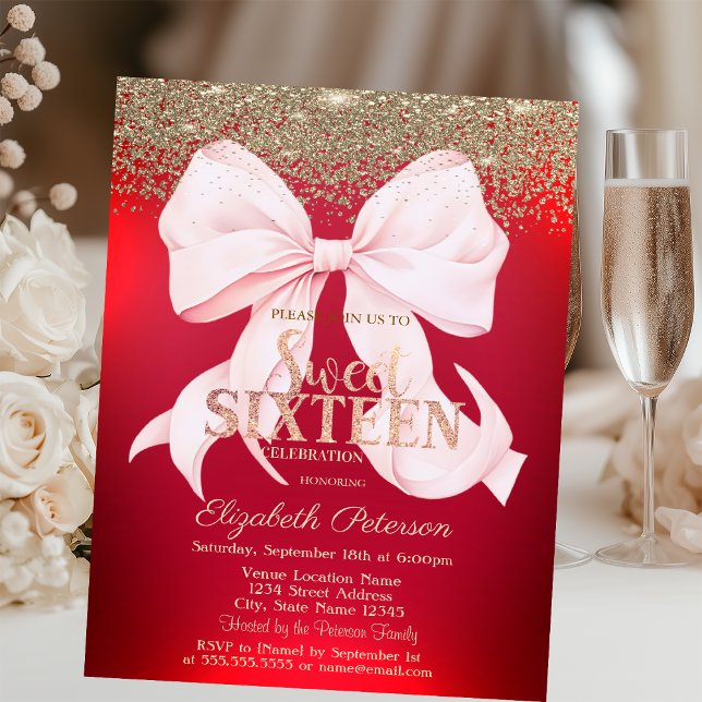 Invitation Bow Elegant Rose Or Diamant Rouge Douce 16  (Créateur téléchargé)