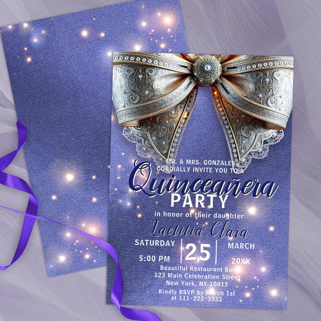 Invitation Bow en argent orné luxueux sur Quinceañera violet (Créateur téléchargé)