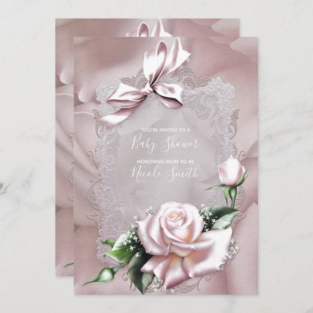 Invitation Bow en satin rose vif et Baby shower en dentelle R (Devant / Derrière)