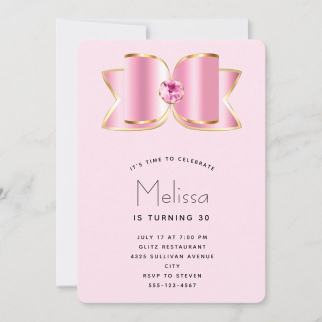 Invitation Bow en verre rose avec un centre Gemstone Annivers (Devant)