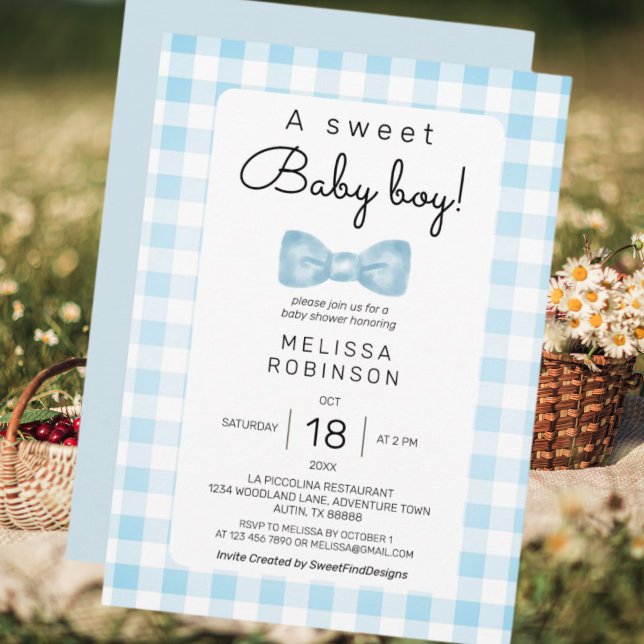 Invitation Bow En vichy Baby Boy Douche (Bow Gingham Baby Boy Shower Invitation)