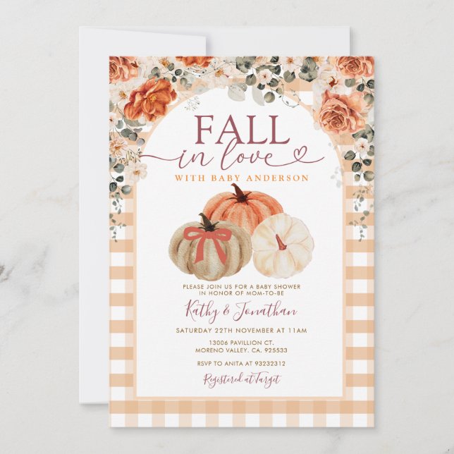 Invitation Bow Fall in Love Orange en vichy Baby shower (Devant)