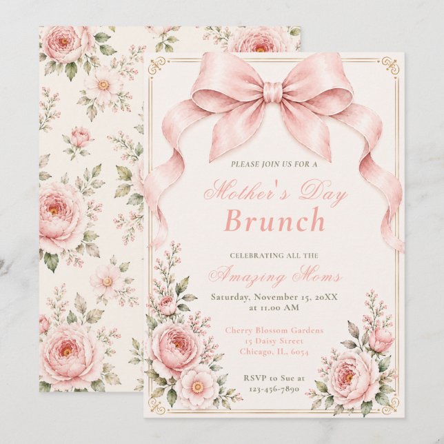Invitation Bow Floral Coquette Brunch de la Fête des Mères (Devant / Derrière)