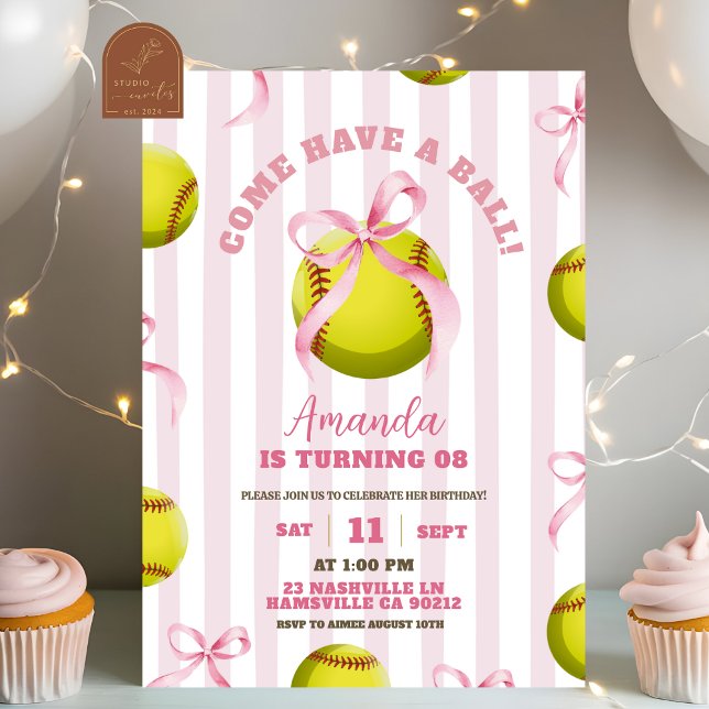 Invitation Bow Girl Softball Birthday Game time (Créateur téléchargé)