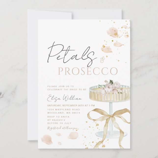 Invitation Bow Gold Petals and Prosecco Bridal Shower  (Devant)