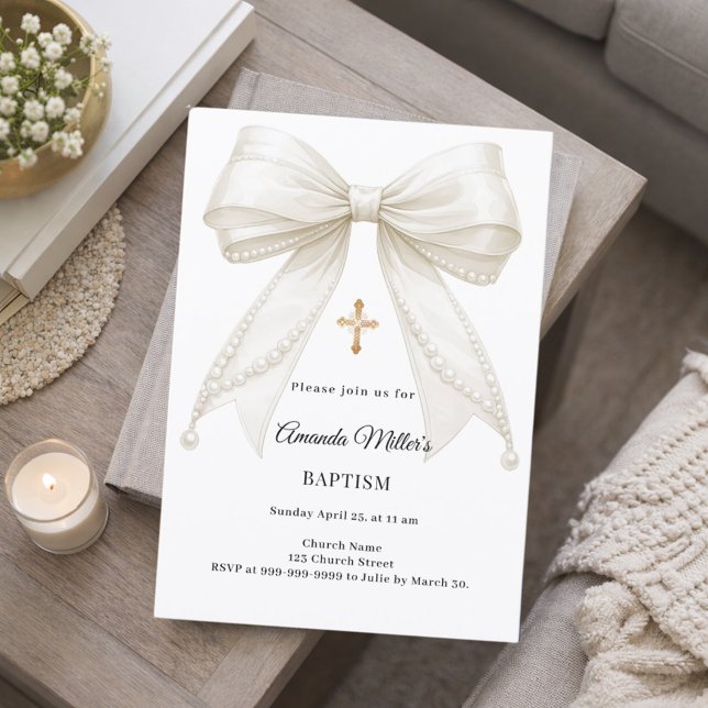 Invitation Bow Ivory Pearls Girl Elegant Baptism (Créateur téléchargé)