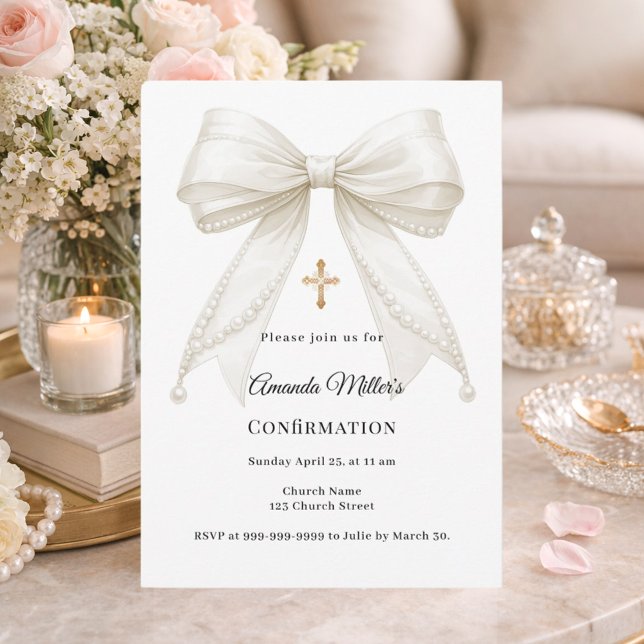 Invitation Bow ivory pearls girl elegant Confirmation (Créateur téléchargé)