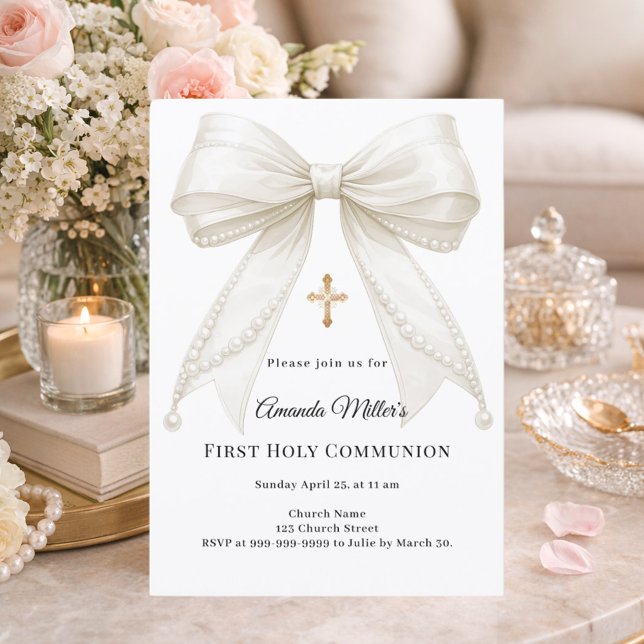 Invitation Bow ivory pearls girl elegant First Communion (Créateur téléchargé)