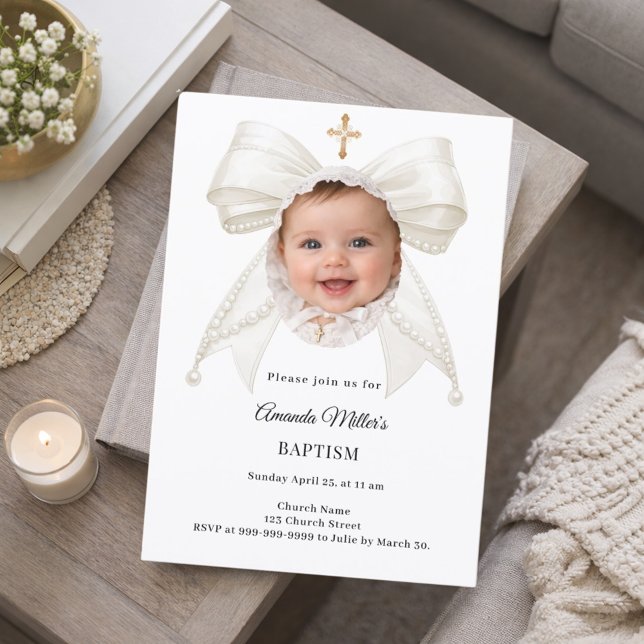 Invitation Bow Ivory Pearls Photo Girl Elegant Baptism (Créateur téléchargé)