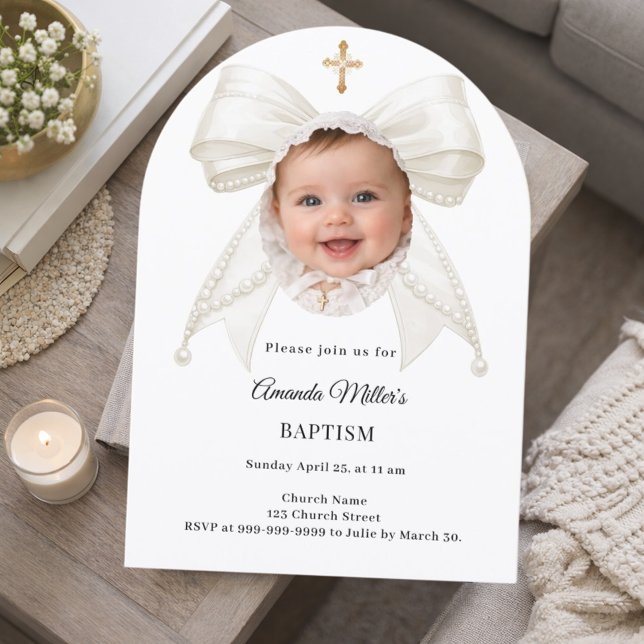 Invitation Bow Ivory Pearls Photo Girl Elegant Baptism Arch (Créateur téléchargé)