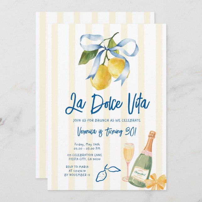 Invitation Bow La Dolce Vita 30th Lemon Citrus Birthday Party (Devant / Derrière)