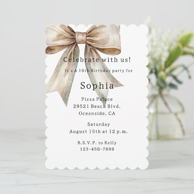 Invitation Bow Moss Bow Champagne blanc 16e anniversaire (Debout devant)