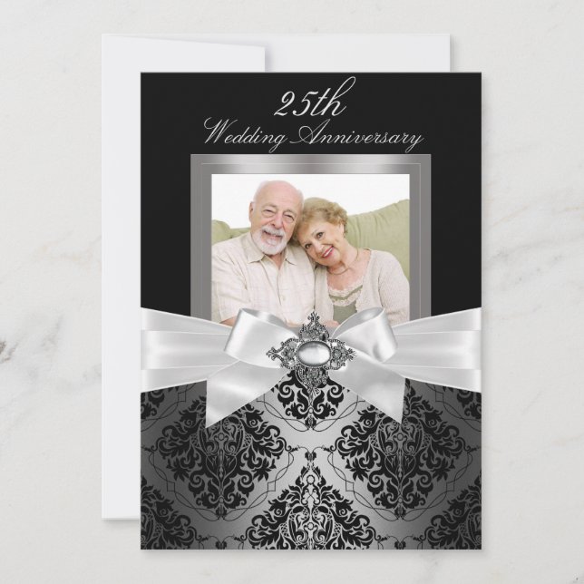 Invitation Bow noir argent et Damask 25e anniversaire Mariage (Devant)