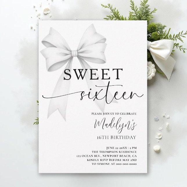 Invitation Bow Noir Blanc Moderne Élégant Simple Sweet 16 (sweet sixteen birthday party invitation bow simple classy black and white script trendy fashion teen)