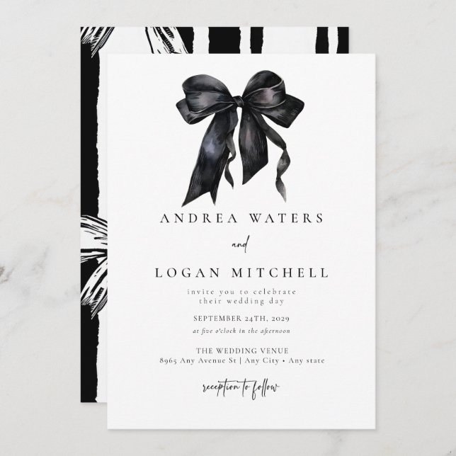 Invitation Bow noir | Coquette | Mariage noir blanc minimal (Devant / Derrière)