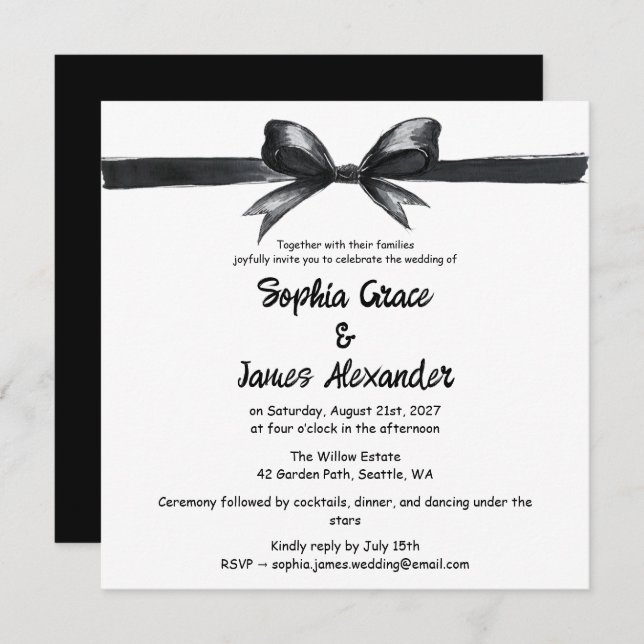 Invitation Bow noir et blanc | Mariage élégant | Monochrome (Devant / Derrière)
