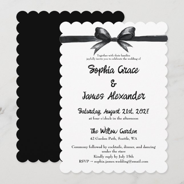 Invitation Bow noir et blanc | Mariage élégant | Monochrome (Devant / Derrière)