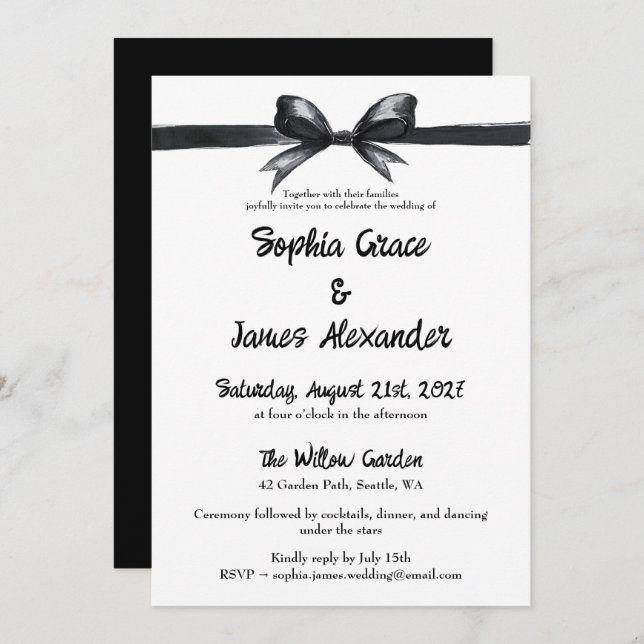 Invitation Bow noir et blanc | Mariage élégant | Monochrome (Devant / Derrière)