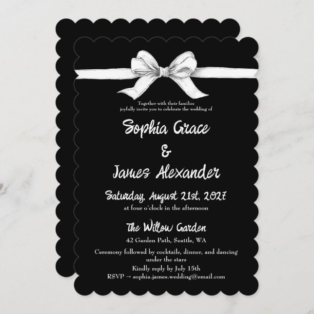 Invitation Bow noir et blanc | Mariage élégant | Monochrome (Devant / Derrière)