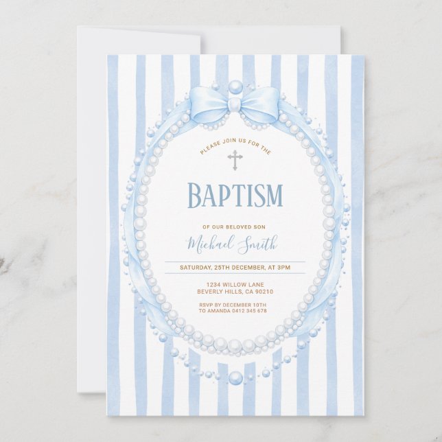 Invitation Bow & Pearl Oval Christening for Boy (Devant)