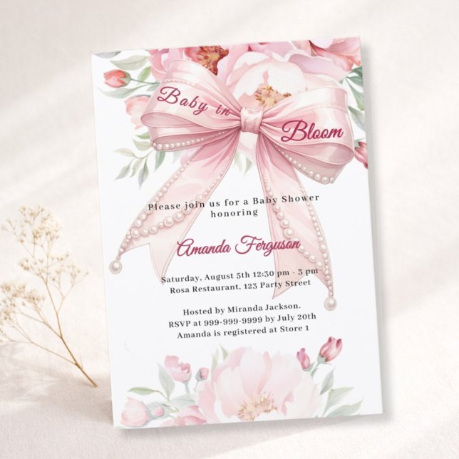 Invitation Bow pink flowers baby in bloom girl Baby Shower (Créateur téléchargé)