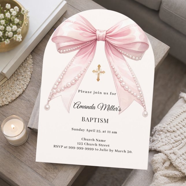 Invitation Bow Pink Ivory Pearls Girl Elegant Baptism Arch (Créateur téléchargé)