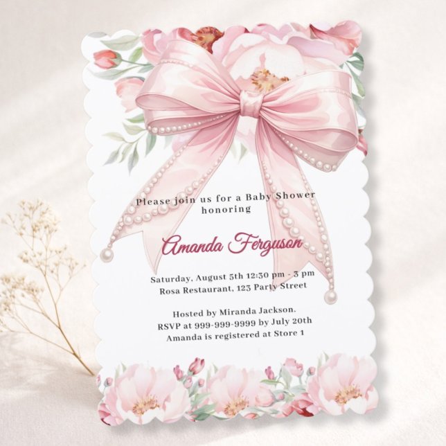 Invitation Bow pink pearls florals girl elegant Baby Shower (Créateur téléchargé)