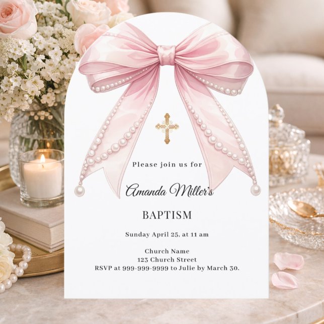 Invitation Bow Pink Pearls Girl Elegant Baptism Arch (Créateur téléchargé)